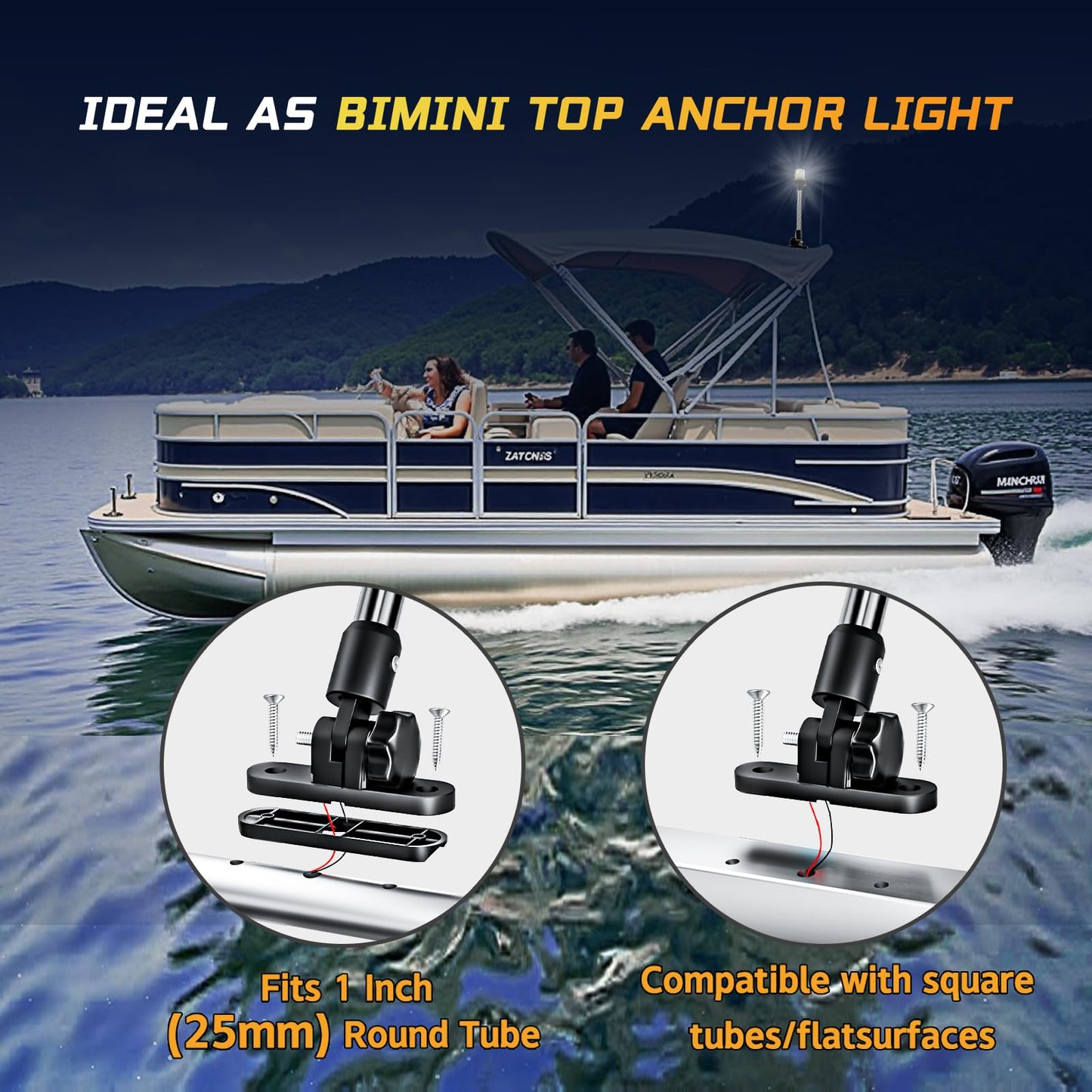 Ambipasion 9 Inches Bimini Light For Pontoon Boat  Pontoon Navigation Lights Anchor Light Stern Lights For Bimini Top Mount Waterproof Ip67  White Fold Down Led Marine Boat Rear Running Lighting