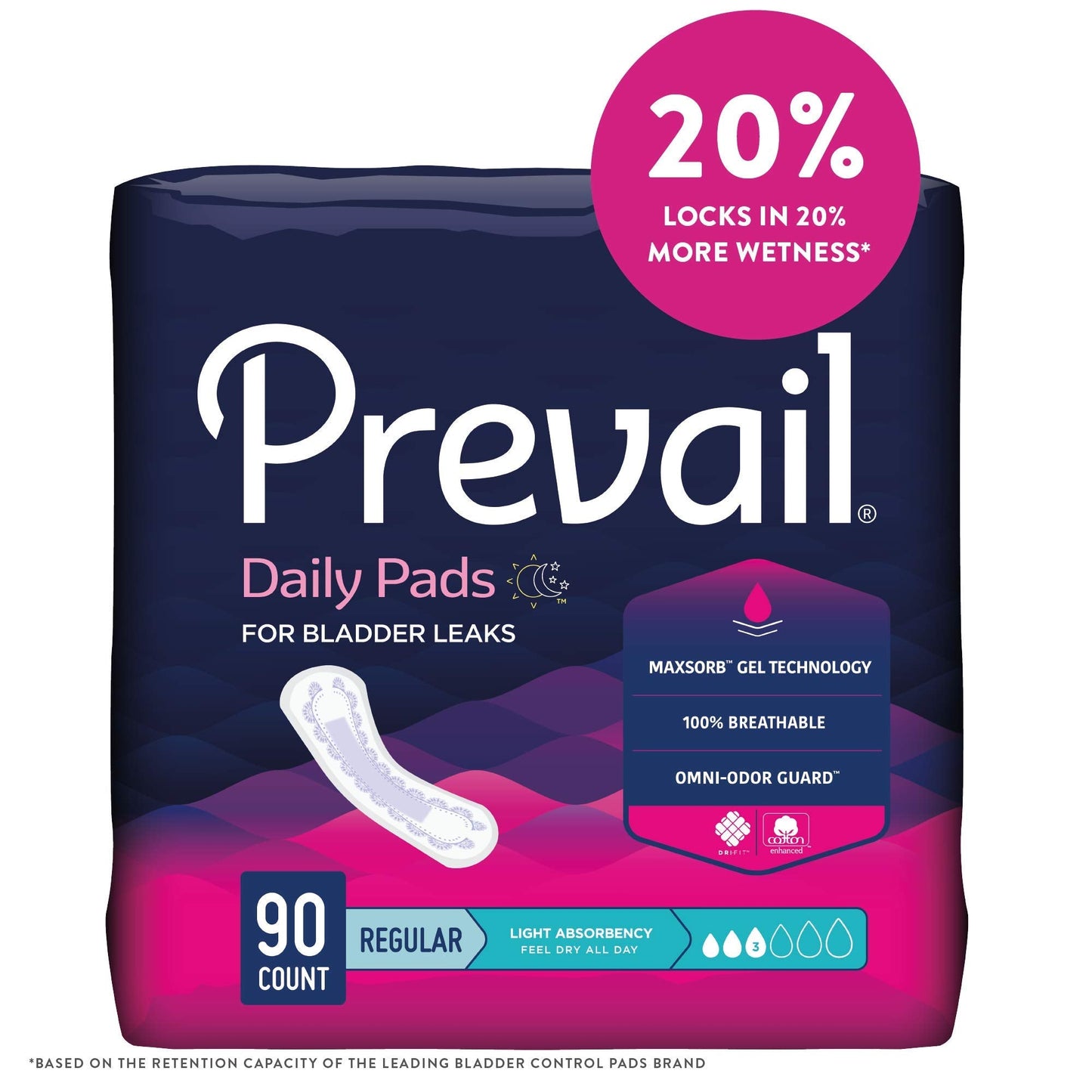 Prevail Proven - Prevail Incontinence Bladder Control Pads - Bladder Leak Pads - Light Absorbency, Regular, 90 Count (3 Packs of 30)