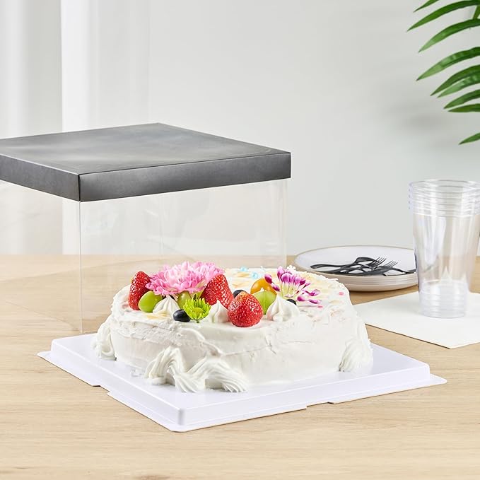 Restaurantware Sweet Vision 10 Inch x 8.25 Inch Transparent Cake Boxes 10 Grease Resistant Base Clear Cake Boxes - Black Lid Black Ribbon Plastic Birthday Cake Boxes For Weddings Or Birthdays