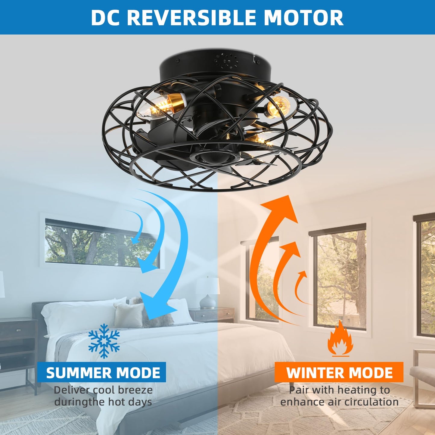 Yyehon Caged Ceiling Fan With Lights And Remote Control, Flush Mount Bladeless Chandelier Fan, 16.1 Low Profile Fandelier For Be
