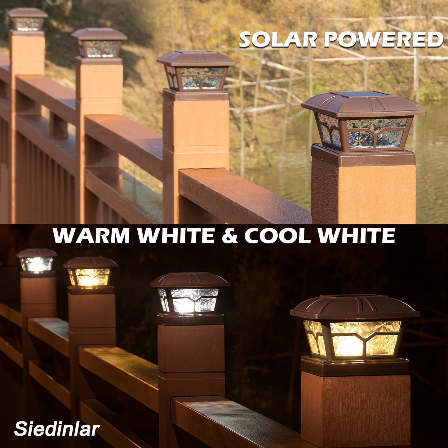SIEDiNLAR Solar Post Cap Lights, 8 LEDs, 2 Color Modes, Brown, 4 Pack, Fits 4x4 5x5 6x6 Posts, Plastic