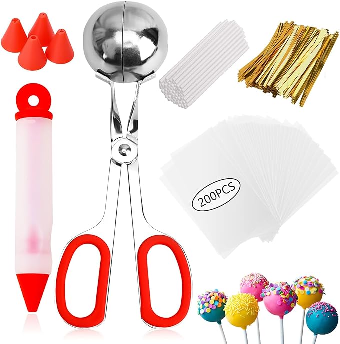 Cake Pop Molds Kit 606PCS Lollipop Cake Pop Set, 1 Cake Pop Scooper and Decorating Pen, 200 Cake Pop Sticks and 200 Wrappers, 200 Twist Ties for Lollipop, Candies, Chocolates