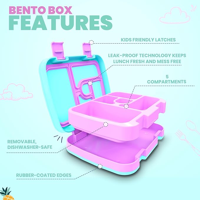 YOLAY Bento Box for Kids Lunch Box Leak-Proof, 5-Compartment Lunch Box Kids for Ages 3-10, Durable with Anti-Slip Base, Suitable for Schools, Outdoor and Travel (Mermaid) (Scallop)