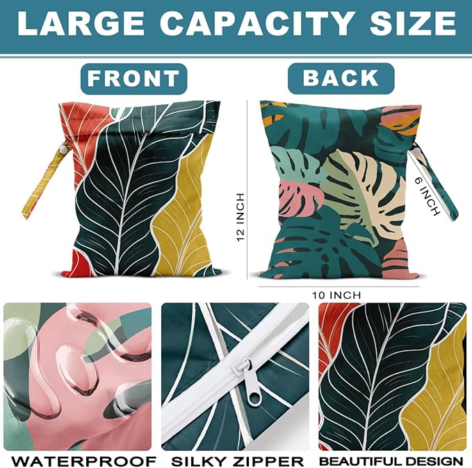 ZHAMEN 2Pcs Palm Leaves Wet Bag 12x10 Inch, Green Summer Waterproof Travel Laundry Bags, Washable Reusable Wet Dry Bag for Swimsuit Beach Diapers Dirty Yoga Gym Clothes, Plant Gifts for Women Friend