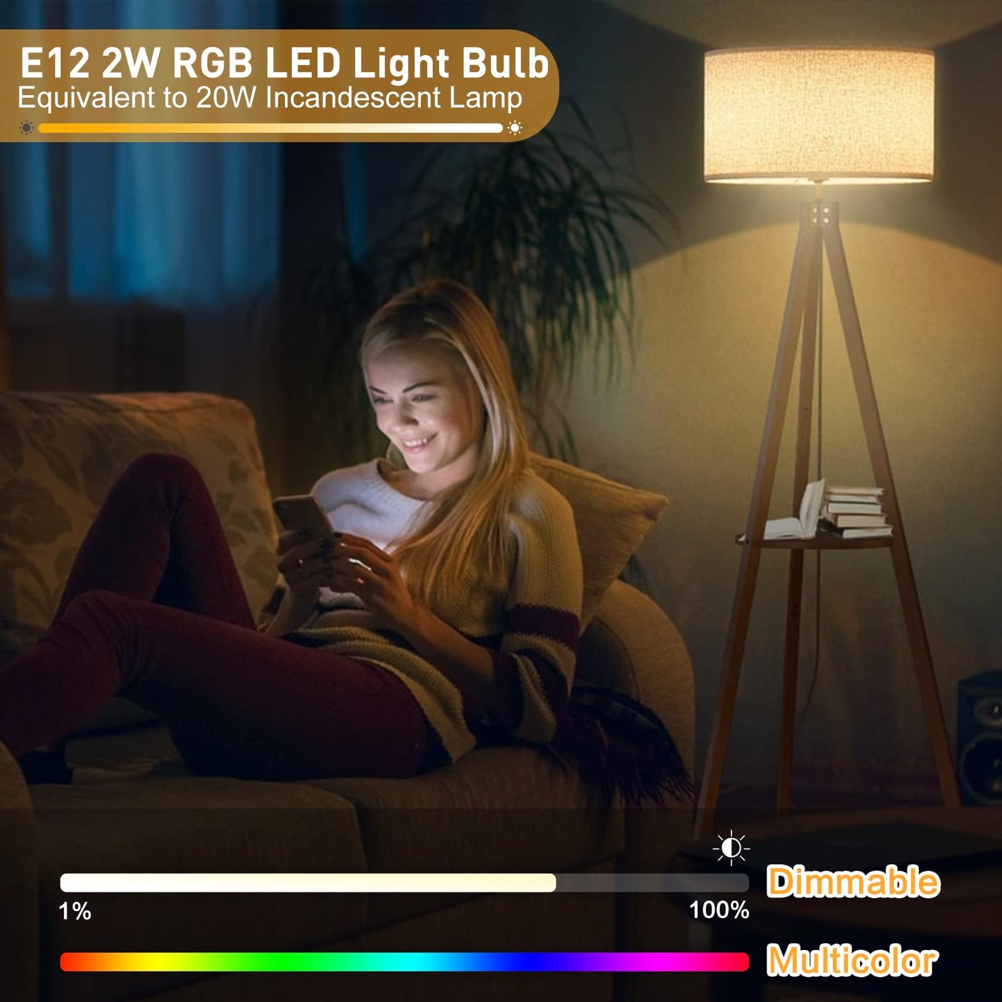 YUIIP E12 LED Color Changing Candelabra Light Bulb, 2W, 200LM, Warm White, Remote Control, Pack of 2, Model E12-WRGB-IR