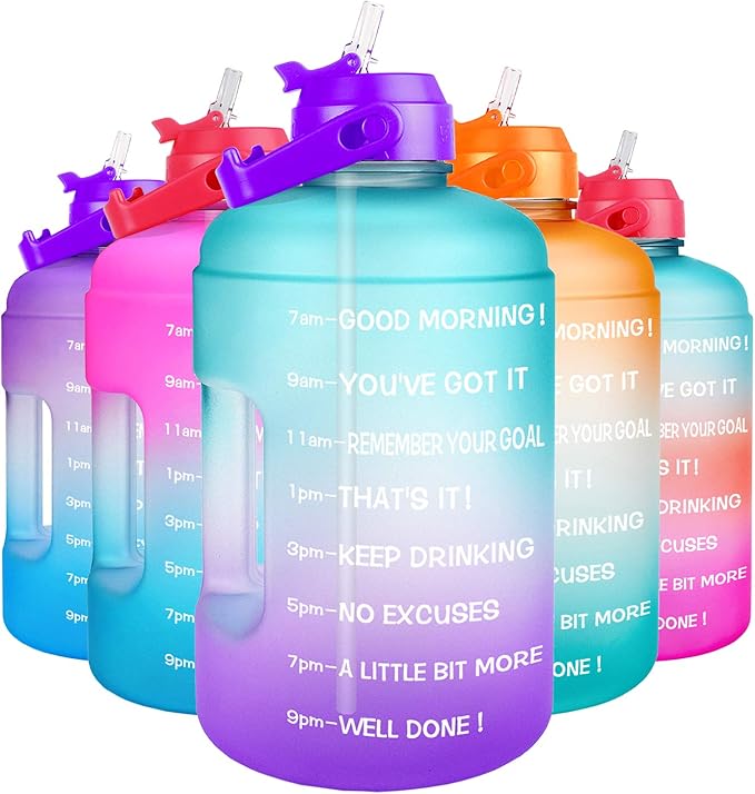 QuiFit Half Gallon Water Bottle - with Straw & Motivational Time Marker Leak-Proof BPA Free Reusable Gym Sports Outdoor Large(73OZ) Capacity Water Jug(Green/Purple Gradient,Half Gallon)