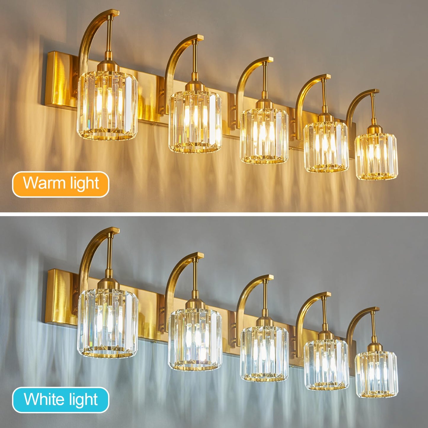 Fdpby 5-Light Crystal Vanity Light  Modern Gold Bathroom Wall Sconce With K9 Crystal Shades  42.51 Long Over Mirror Lighting For Vanity  Makeup  Hallway  Elegant & Easy Installation