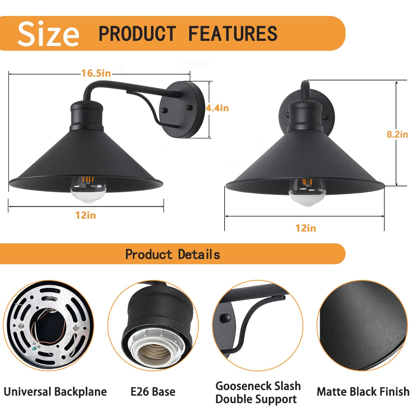 VICTOGATE Outdoor Wall Lights, Modern Farmhouse, Metal, 12in, 2-Pack, Black, Model 1102J
