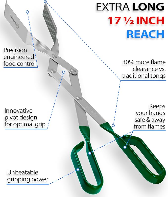 Shark BBQ Grill Tongs for Steaks - 2-Pack 17" & 13" Professional Kitchen and Outdoor Grilling Utensil Set (Green)