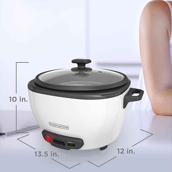 BLACK+DECKER Rice Cooker 28 Cups Cooked (14 Cups Uncooked) with Steaming Basket, Removable Non-Stick Bowl, White