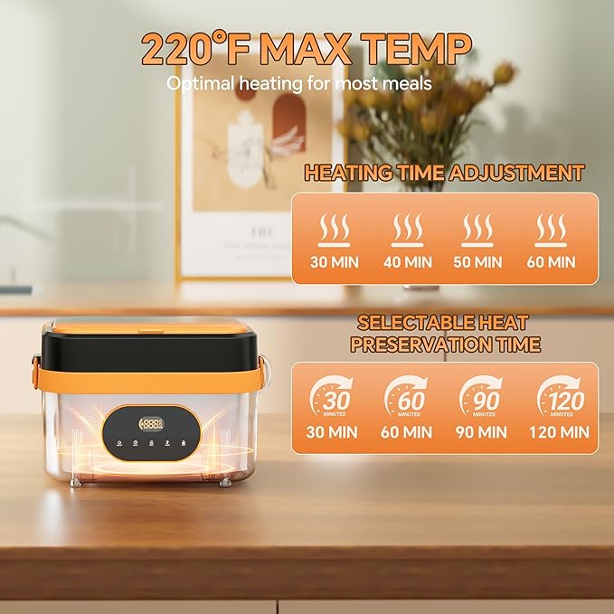 POERUNI.Heated Lunch Box for Adult,Electric Lunch Box for Man,16000mAh Battery &1.5-Liter Container.Wireless Heating is Suitable for Travel,Office.Includes Cutlery,Insulated Bag and Removable Divider