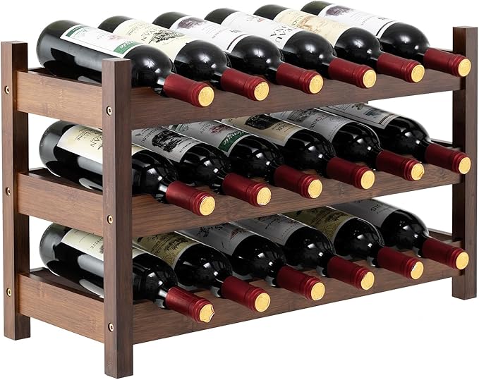 COSTWAY 3-Tier Bamboo Wine Rack, 18-Bottle Tabletop Wine Holder with Wave Slot, Freestanding Countertop Wine Bottle Organizer for Kitchen, Pantry, Pub & Wine Cellar, Brown (24.5L x 9.5W x 15H)