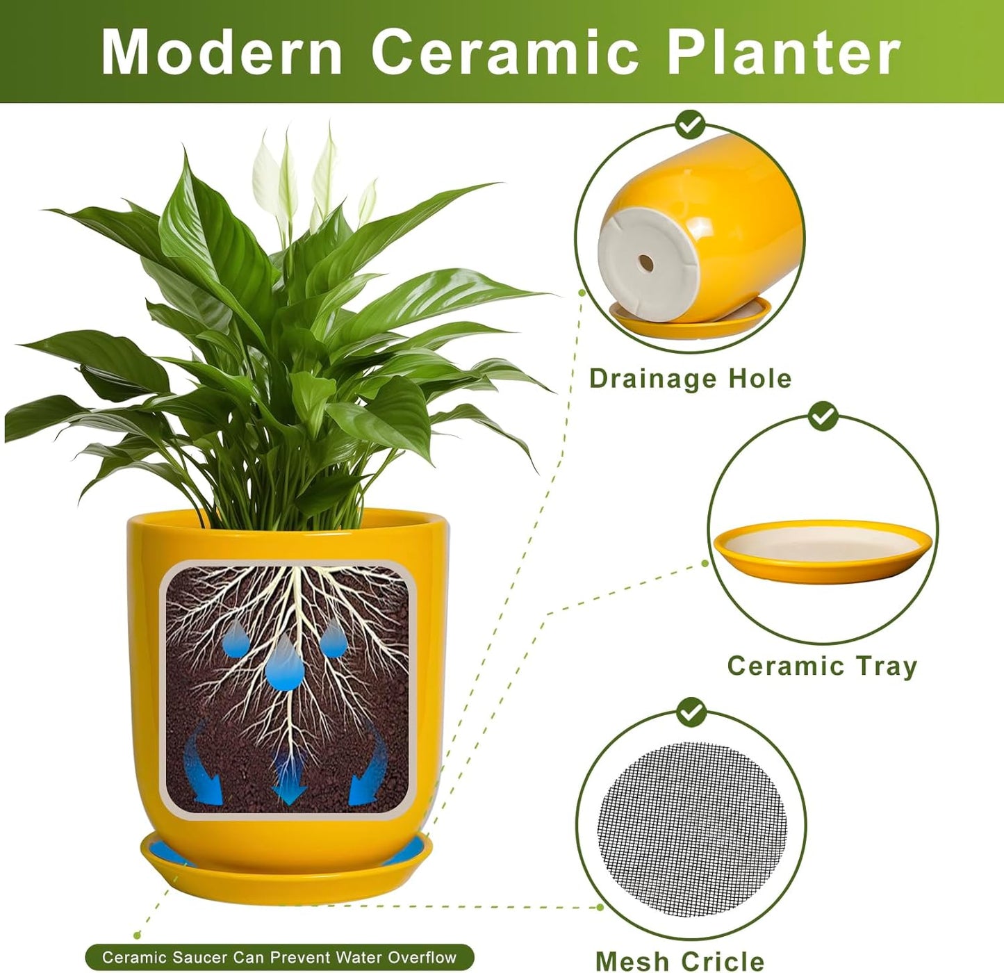 Plant Pot 8 Inch - Ceramic Plant Pot with Drainage Hole and Saucer Large Planter for Indoor Plants Outdoor Modern Flower Pot for Home Garden Decor Yellow