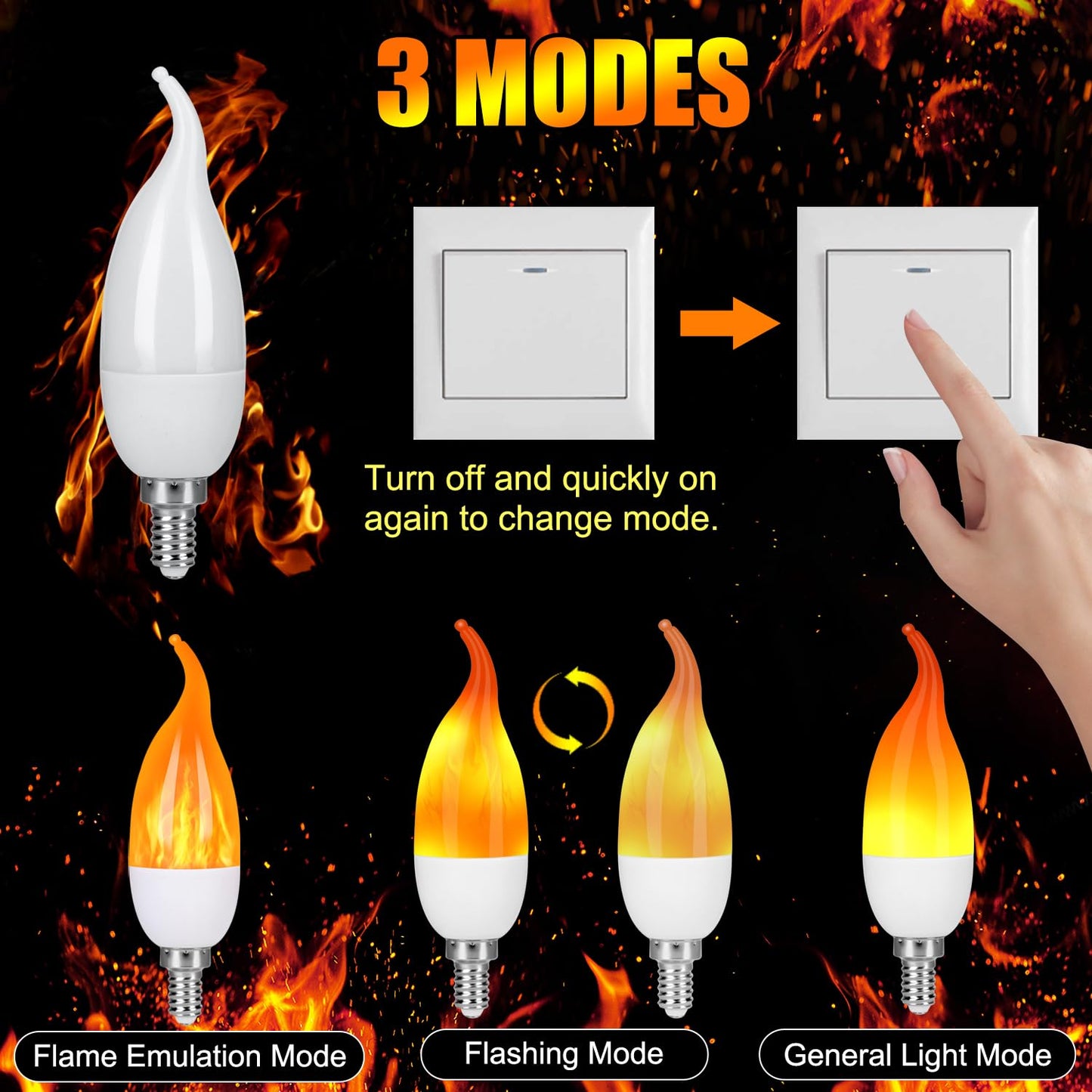 Myogrip E12 Led Flame Light Bulbs, 3 Modes, Yellow, 8 Pack, Plastic For Indoor/Outdoor Halloween Party Decorations