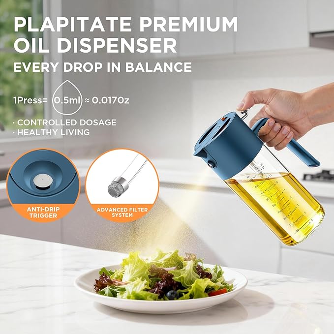 17oz/500ml Premium Olive Oil Sprayer for Cooking, 2 in 1 Glass Olive Oil Dispenser Bottle for Kitchen Gadgets, Spray Bottle with Portion Control for Salad, Frying, BBQ (Blue)