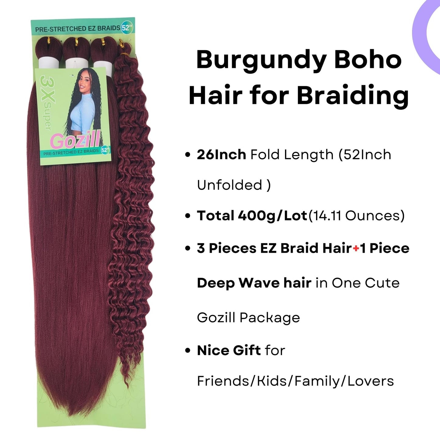 Burgundy Braiding Hair Pre Stretched Knotless Braiding Hair for Boho Braids(6 Packs)