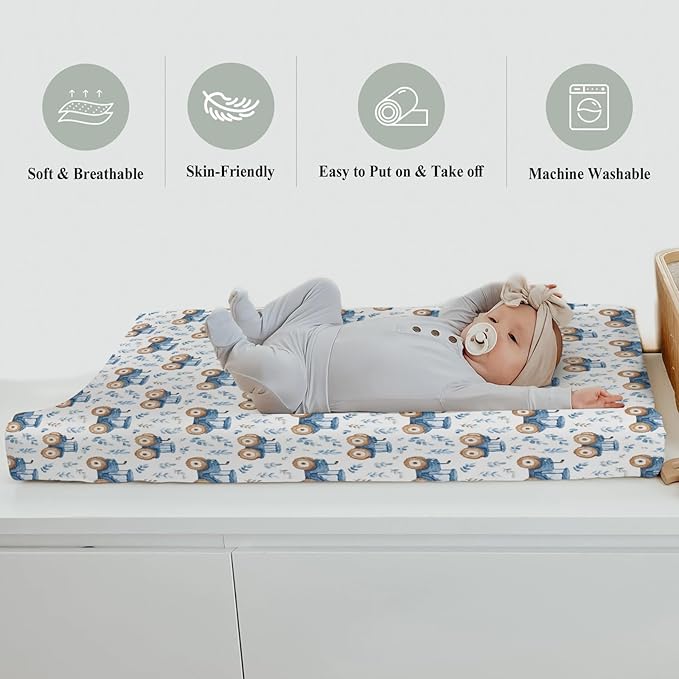 Watercolor Blue Tractors Baby Changing Pad Covers for Boy Girl Farm Tractors Boho Leaves Fitted Change Table Mats Farm Life Soft Diaper Change Table Cover Sheets for 32''×16'' Contoured Pad