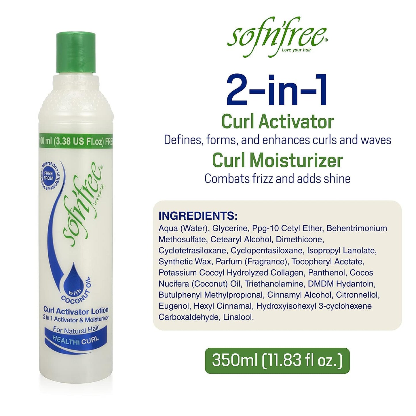 SofnFree Moisturizer & Curl Activator for Natural Hair, Soft Curls, and Waves 11.83 fl oz / 350ml (2 pack)