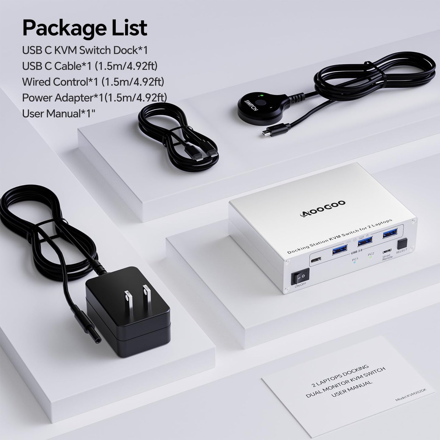 USB C KVM Switch 4K@60Hz, Dual Monitor Dock KVM Switch for 2 Laptop Sharing 2 Monitor, 2 USB-C MST Ports,100W PD and 1G Ethernet for 2 Laptops with Wired Remote Control and USB C Cables Included