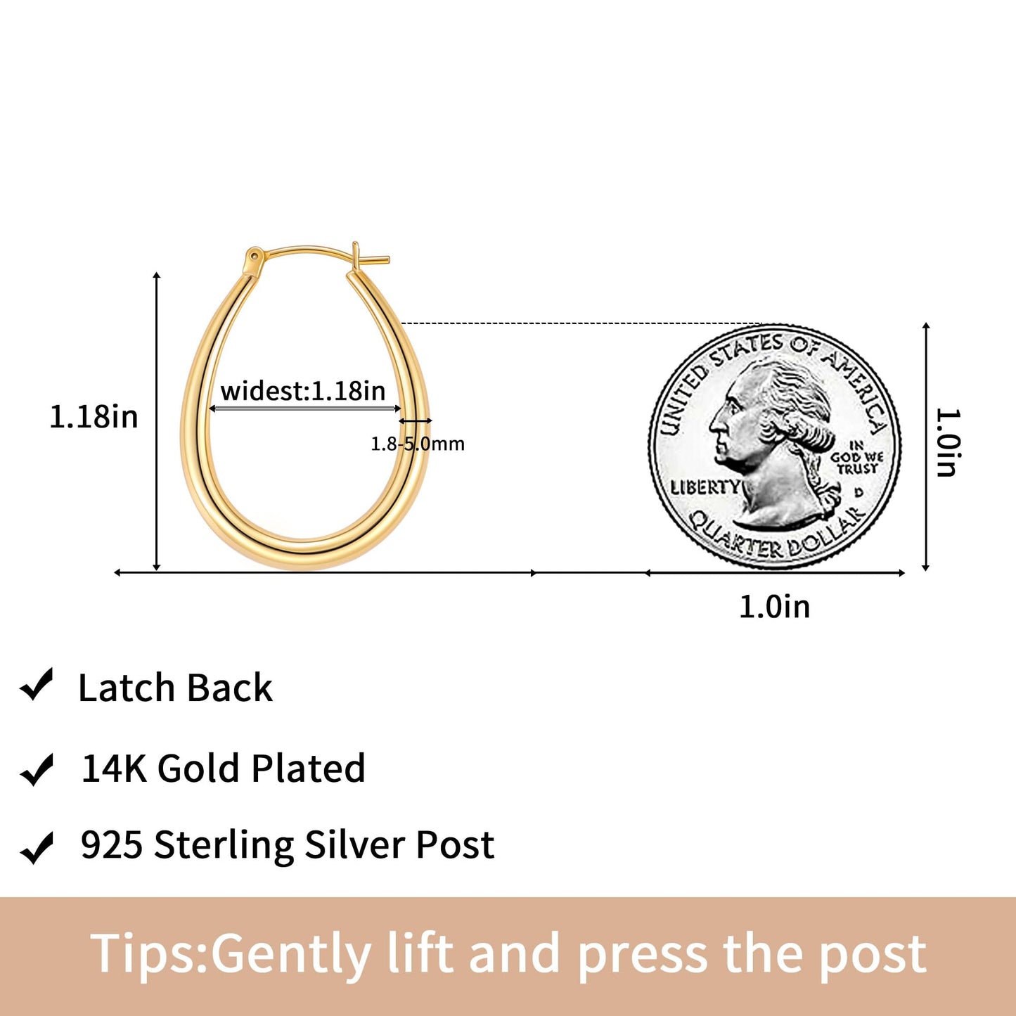 Gacimy Gold Chunky Hoop Earrings for Women, 14K Gold Plated Oval Hoop Medium Gold Earrings with 925 Sterling Silver Post