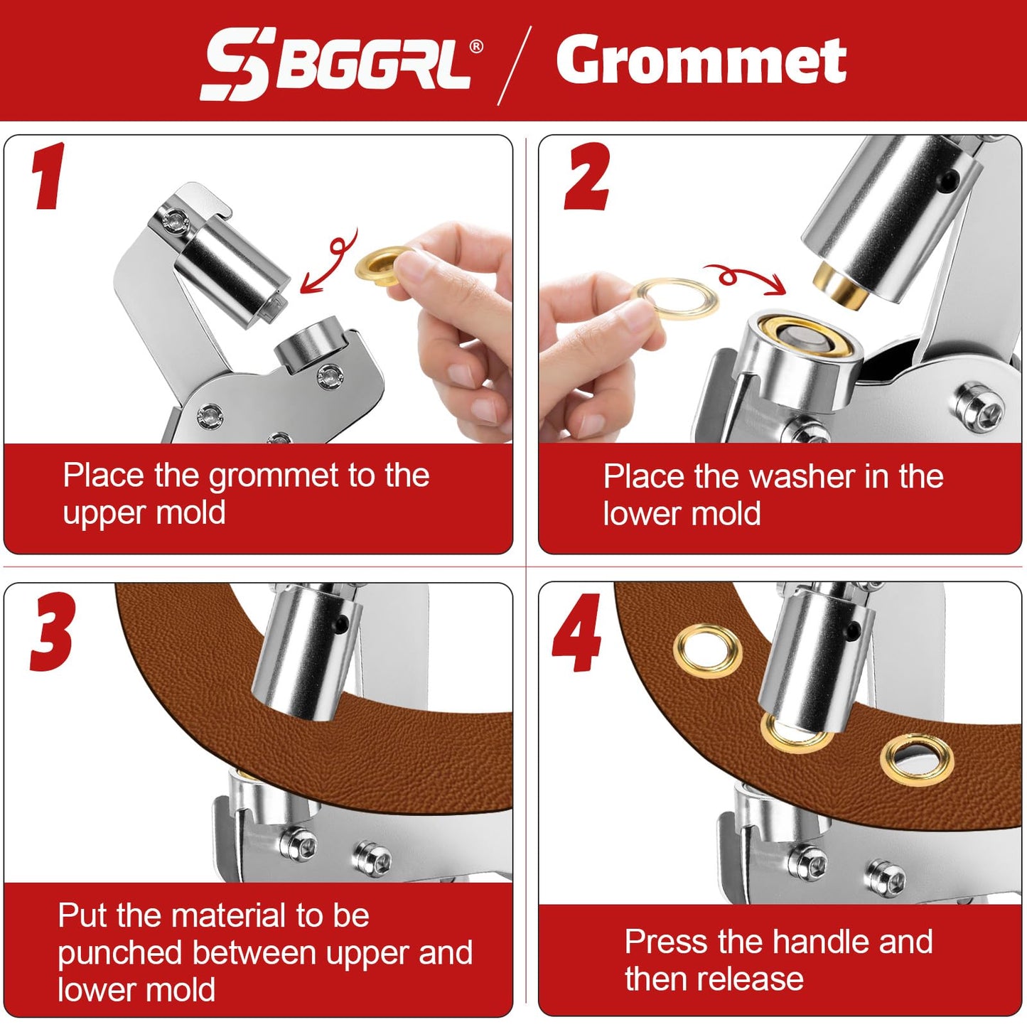 SBGGRL Grommet Tool kit, 3/8 Inch Heavy Duty Eyelets Pliers with 300 pcs 10mm Metal Grommet Set (Gold, Black, Silver) for Tarps, Fabric, Leather, Tents, Vinyl, Canvas