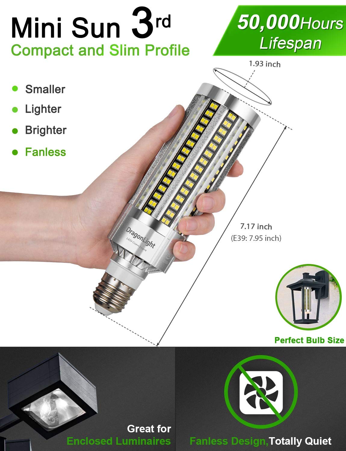 DragonLight 50W Corn LED Light Bulb, 6000K Daylight, E26/E39 Base, 6000LM, Fanless, Aluminum
