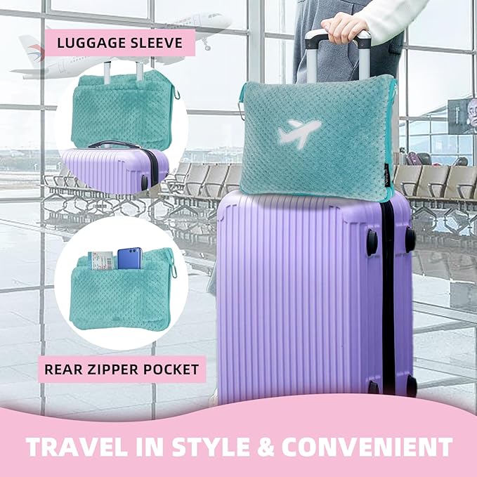4 in 1 Travel Blanket and Pillow Set with Airplane Footrest - 350 GSM Thick Travel Blanket Airplane Compact with Bag, Inflatable Pillow, Foot Hammock for Plane Travel (Green)