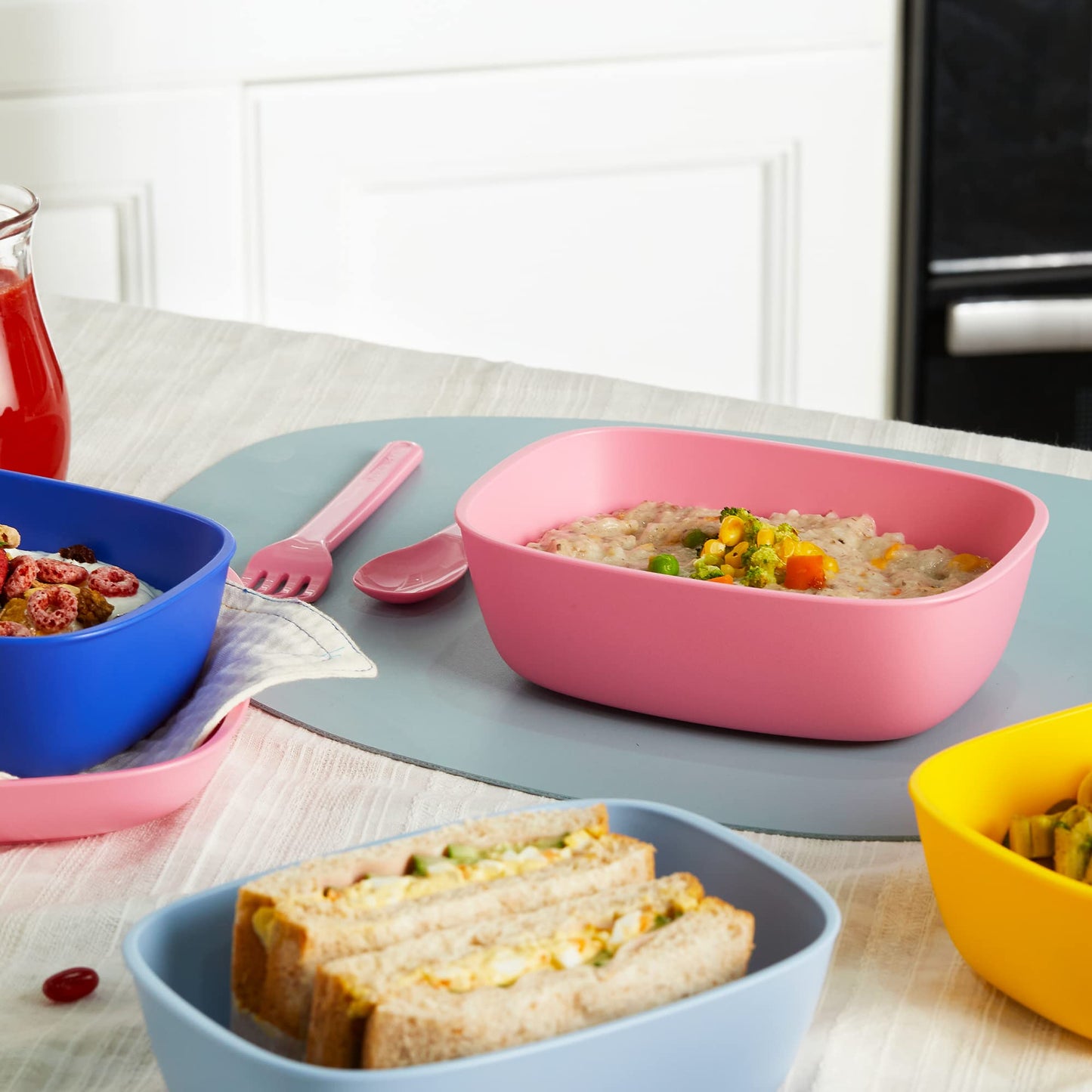 Sugarcane Kids Bowls 3Pack (27oz) - Natural Plastic Dishes for Toddler to Big Kids - Fried Rice & Noodles – Microwaves & Dishwasher Safe – BPA Free, Unbreakable, Reusable - Blue