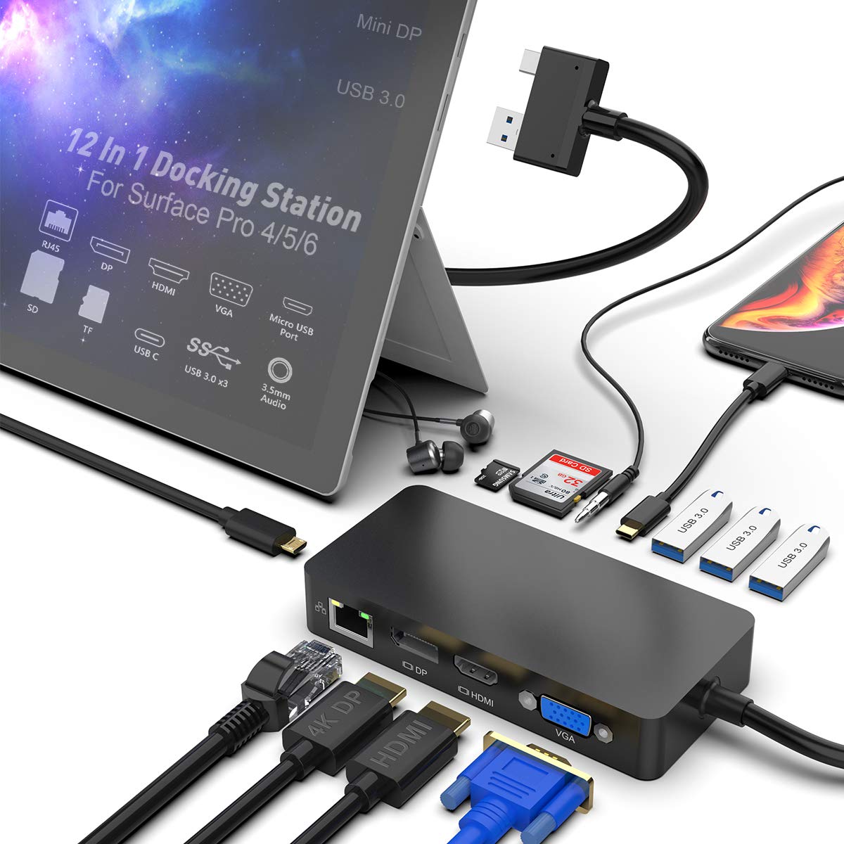 12 In 1 Surface Dock (2*Hdmi +Vga), Microsoft Surface Pro Docking Station Triple Display (Surface-Dock-701)