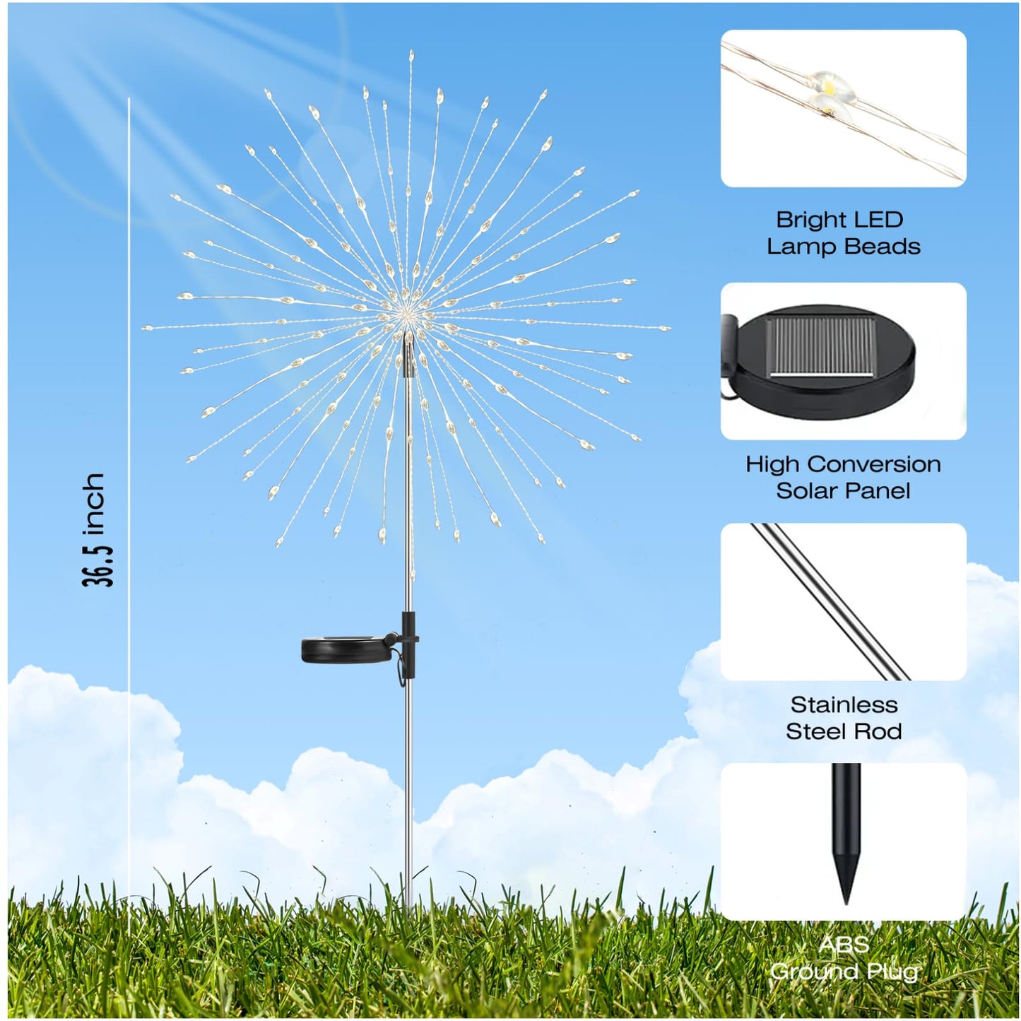 Garden Decor Solar Lights Outdoor 155Led 8 Lighting Modes Pole Light Waterproof White Solar Garden Lights For Christmas  Halloween Decoration Yard  Patio  Porch Flower Pot Pathway (2Pack)