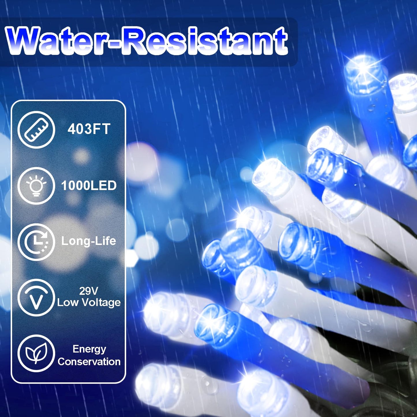 403 Ft 1000 Led Christmas Lights Outdoor Decorations Super Long Fairy Lights Waterproof 8 Modes Timer Clear Wire String Lights For Outside House Tree Patio Yard Wedding Party Holiday-Blue&White