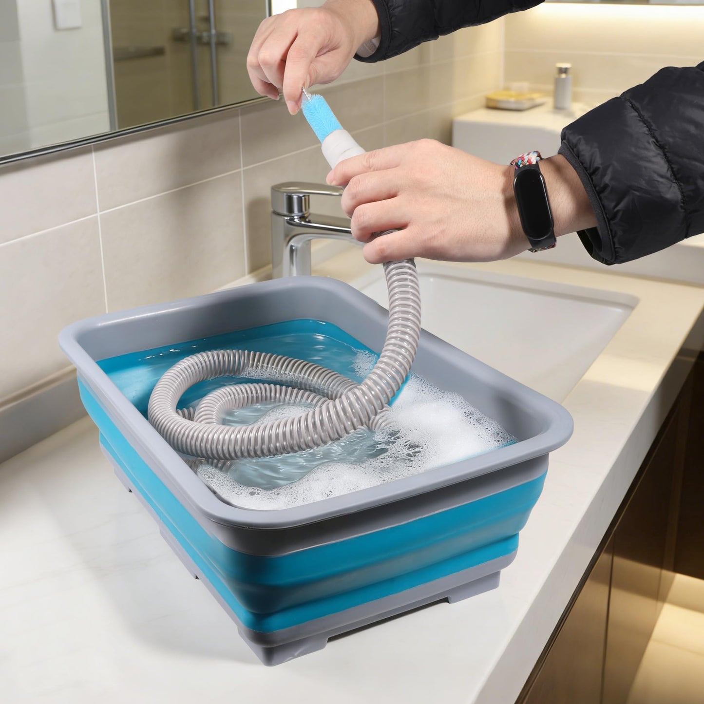 Tacare CPAP Cleaning kit Hose and Mask Brush with Collapsible Wash Basin Tub，Sponge and Storage Hag，6.9ft Extra Long Hose Brush, Compatible with 15mm and 22mm Hoses