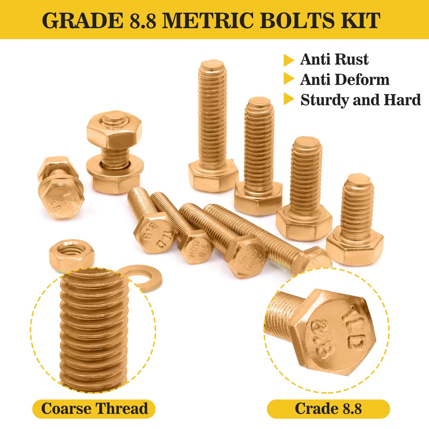 Bonost 1380pcs Nuts and Bolts Assortment Kit - Heavy Duty Grade 8.8 Metric M4 M5 M6 M8 Bolt Set with Assorted Nuts and Washers, Yellow Zinc Plated, Length from 12-30mm