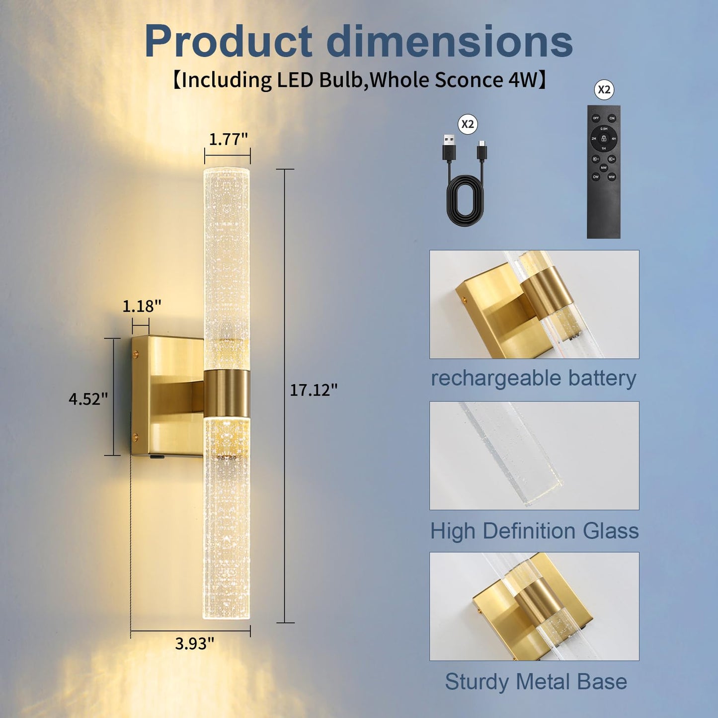 HONGREN Wall Sconces Set of Two - 17 Inch Gold LED Dimmable Battery Operated Light with Remote Control