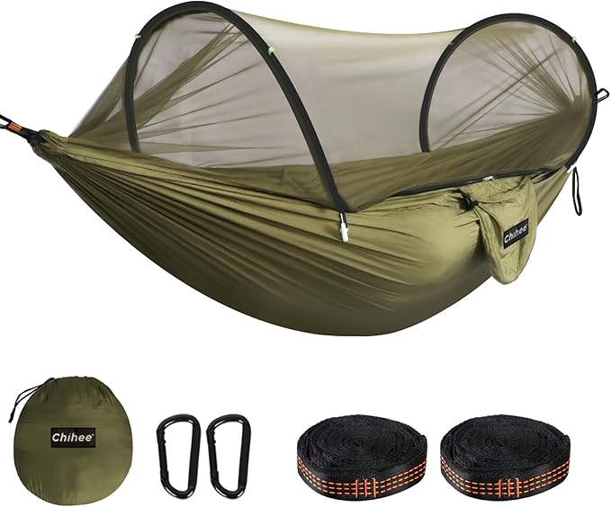 Chihee Ultra-Light Travel Camping Hammock Pop-up Net Hammock 660lbs Load Capacity,Breathable,Quick-Drying Parachute Nylon 2 Premium Carabiners,2 Tree Slings Included for Outdoor Backpacking Hiking