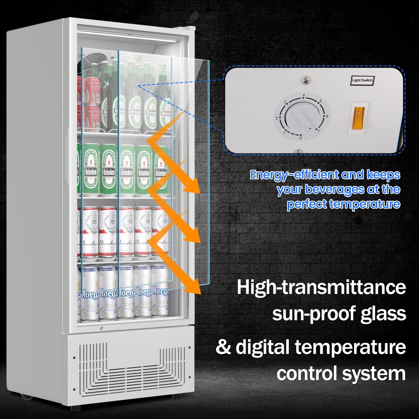 BINGERMA 6.5 Cu.Ft Commercial Beverage Refrigerator Glass Door Upright Drink Cooler Display Fridge with Adjustable Shelves and LED Light for Restaurant Bar Store Office White