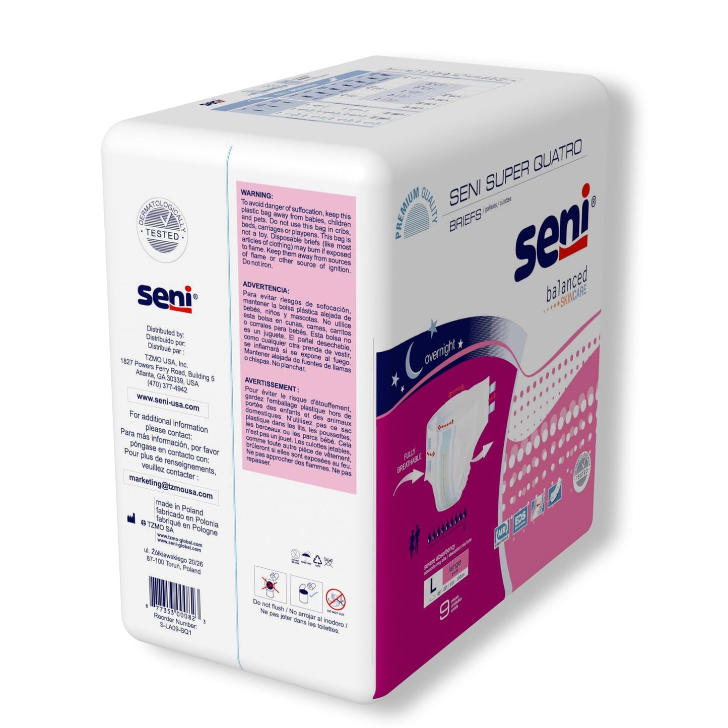Seni Super Quatro Unisex Adult Incontinence Briefs with Tabs, Size Large (45"-59"), 36 Count (4 Packs of 9), Severe Absorbency, Disposable Overnight Briefs for Men & Women