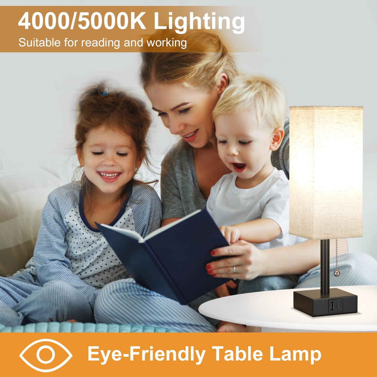 Aooshine Bedside Table Lamp with 3 Brightness Levels, 15.5 In, Beige Fabric Shade, USB C+A Ports, LED Bulb Included