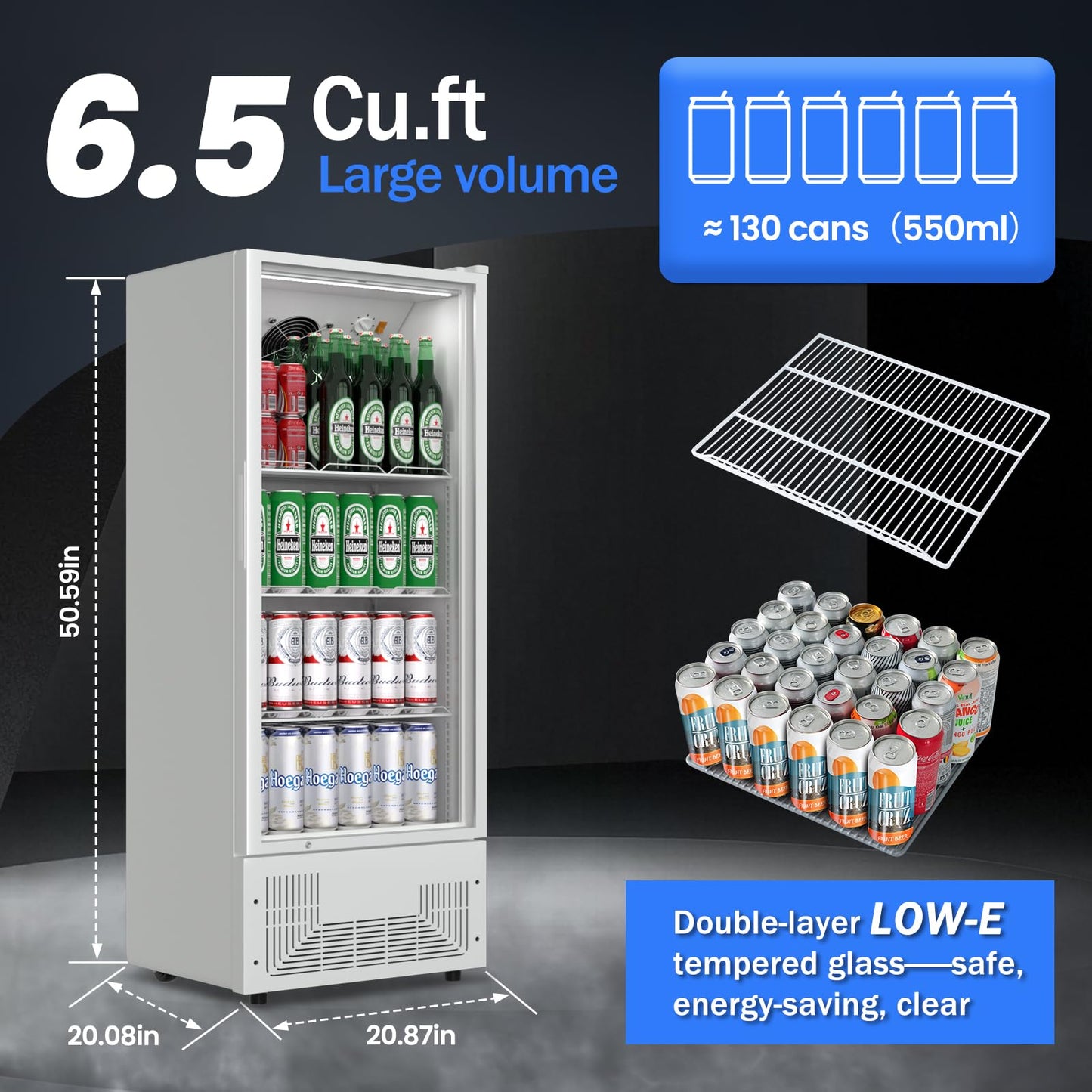 BINGERMA 6.5 Cu.Ft Commercial Beverage Refrigerator Glass Door Upright Drink Cooler Display Fridge with Adjustable Shelves and LED Light for Restaurant Bar Store Office White