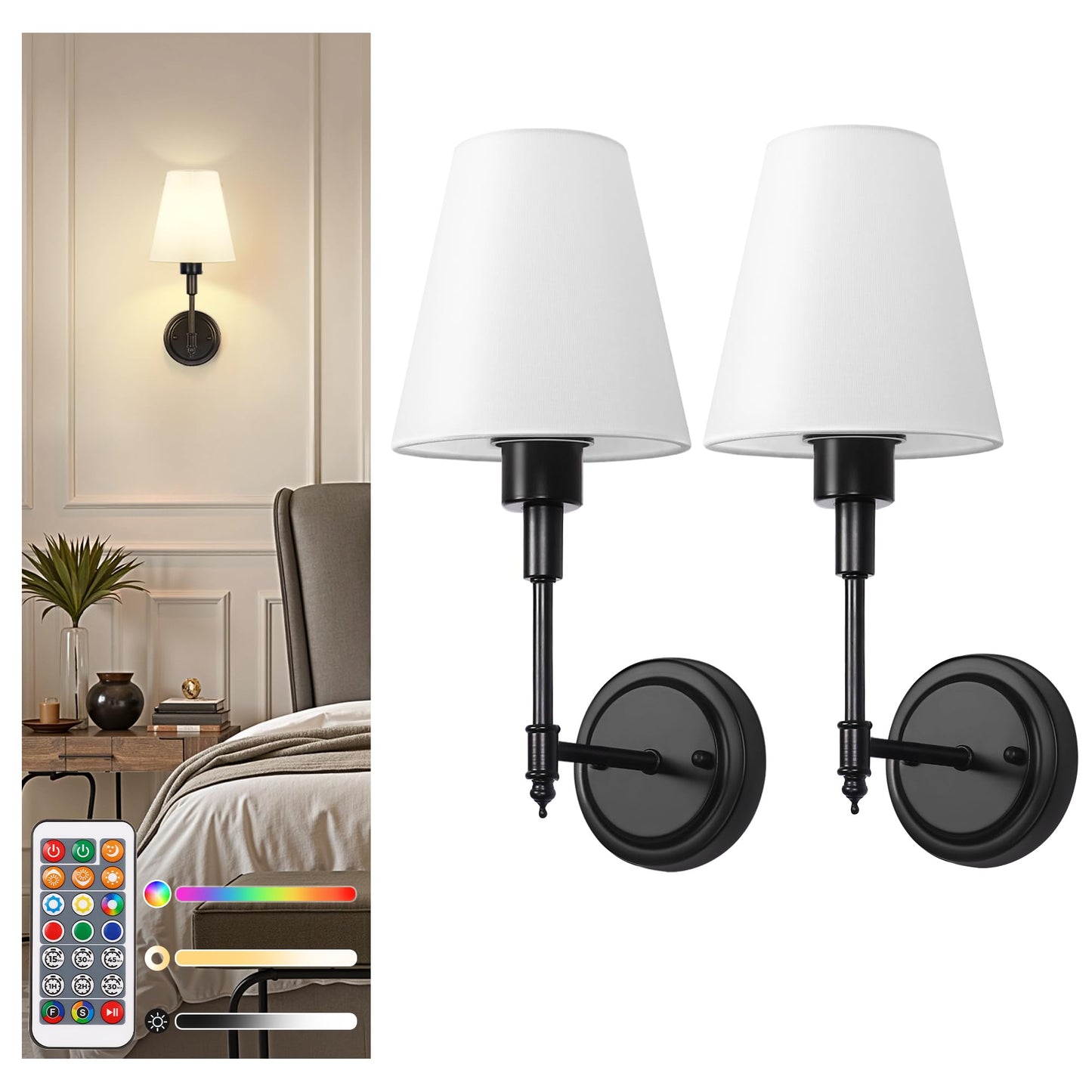 DORESshop Battery Operated Wall Sconce Set of 2, Dimmable, Adjustable, Metal, 14.8in, Black