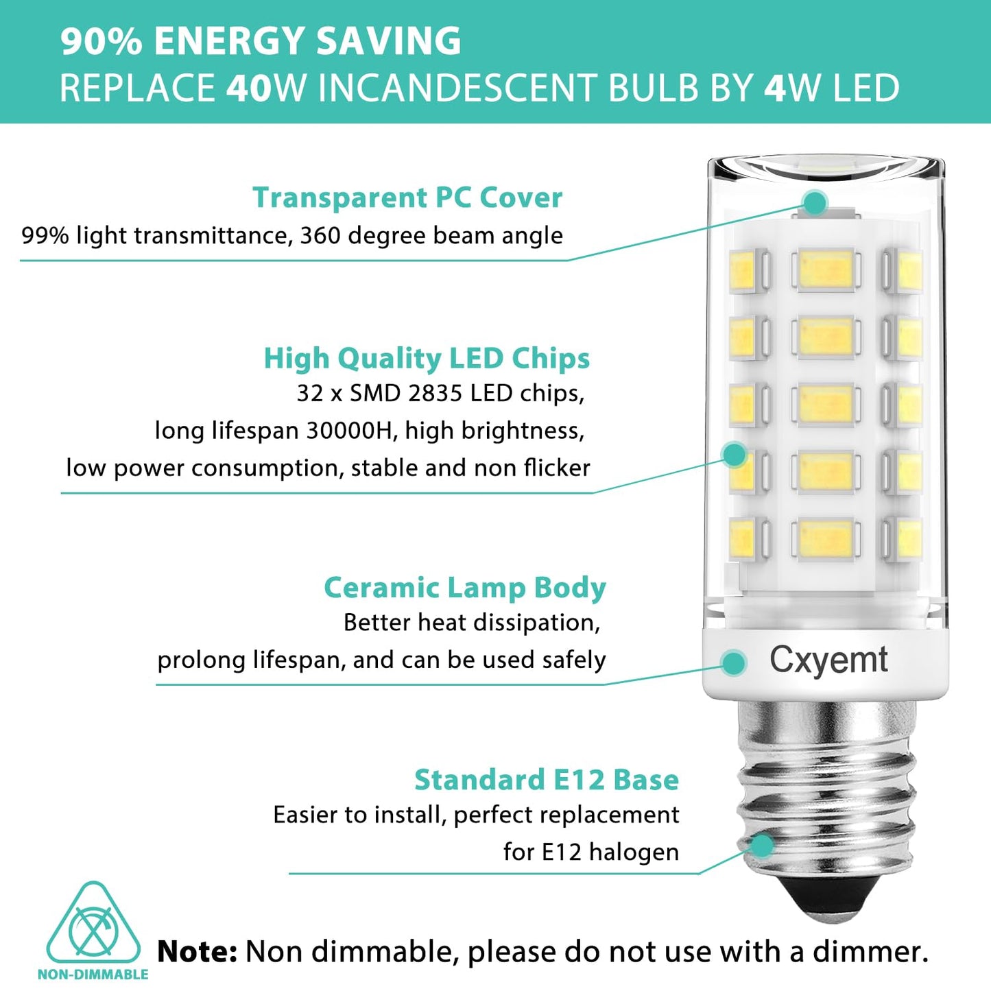 Cxyemt E12 LED Candelabra Bulb 4W 6000K Daylight White T3/T4 Base 6-Pack