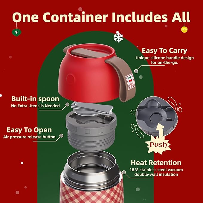 Thermo for Hot Food for Adults Kids | Wide Mouth, 26 oz Insulated Food Jar with Spoon, Leakproof Soup Thermo for School Office Travel, Thermal Steel Lunch Container Easy to Carry (Red)