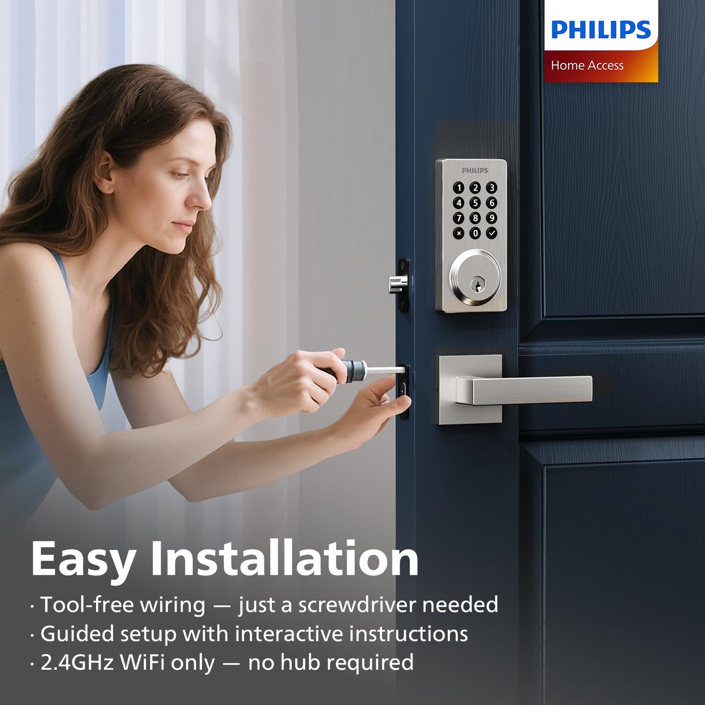Philips Smart Lock, Smart Door Lock Built-in WiFi, App Remote Control, Keyless Entry Door Lock for Front Door, Deadbolt Lock Auto Lock, Support Alexa & Google, IP54 Waterproof, Satin Nickel
