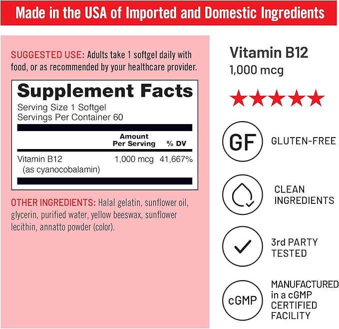 NatureWise Vitamin B12 1000 mcg - Dietary Supplement for Supporting Energy Metabolism, Mental Clarity, Nervous System Health - Easy-to-Swallow, Soy & Gluten-Free, Non-GMO - 60 Softgels[60-Day Supply]