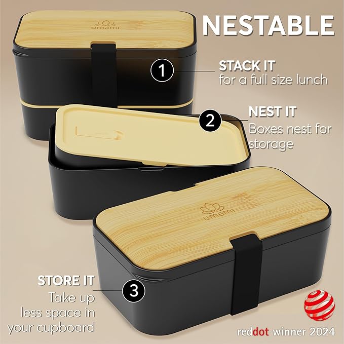 Umami Bento Box All-in-1 w/ 4 Utensils, 100% Leakproof, Dishwasher & Microwave Safe Lunch Containers for Adults w/ 4 Compartments, Black & Tan, 50 oz