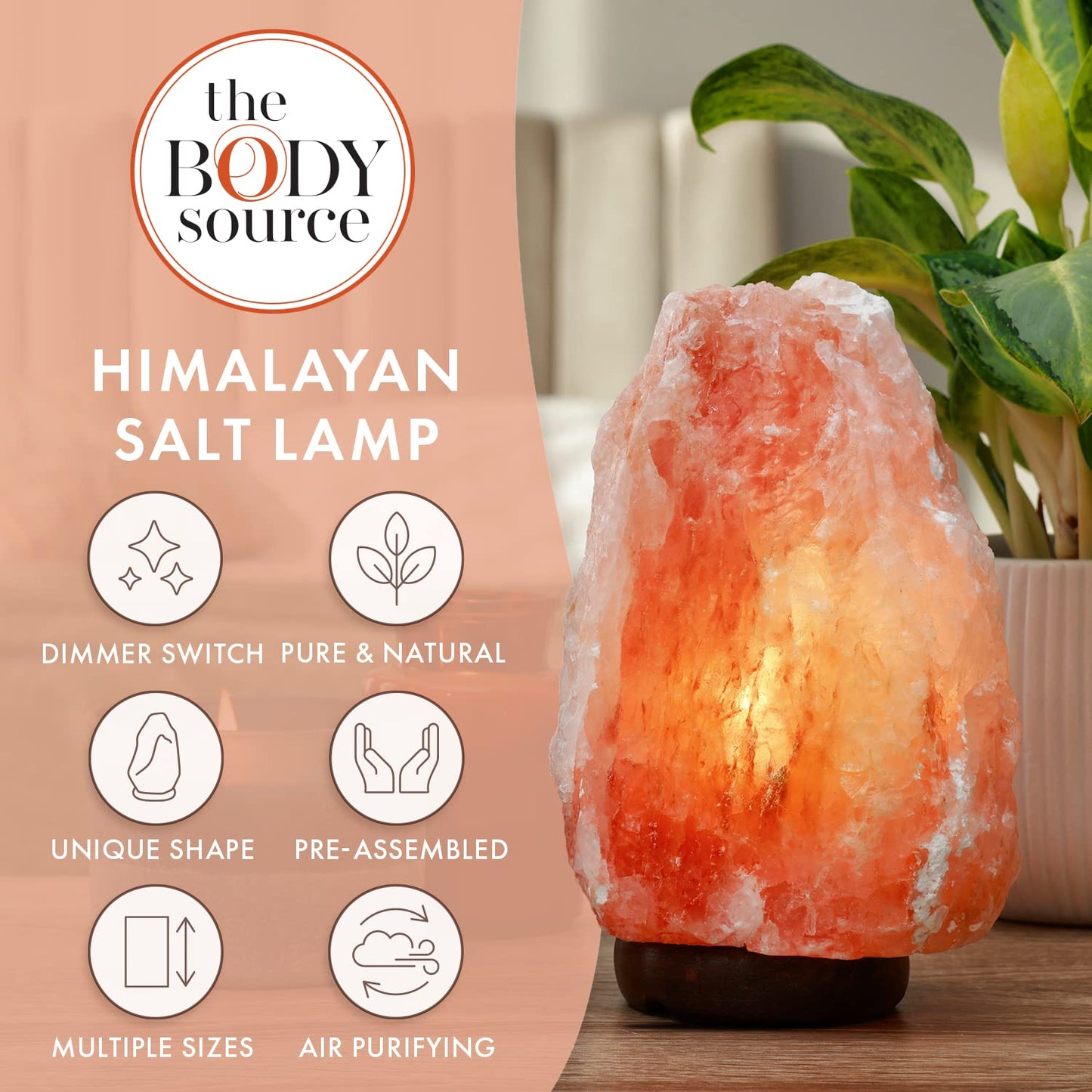 The Body Source Himalayan Salt Lamp, 10-12 Inch, Orange, Wooden Base, Model SL-03-US, Includes Dimmer Switch and Night Light