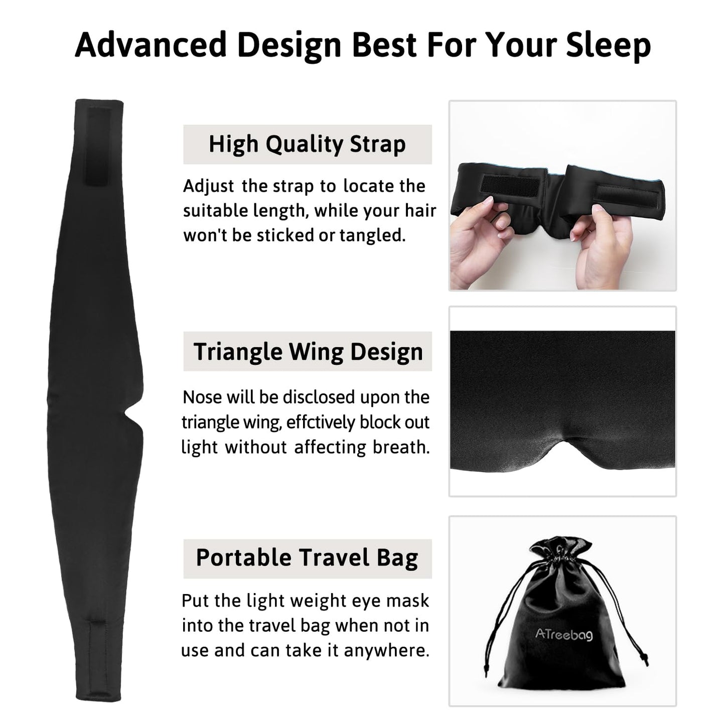 ATreebag Silk Sleep Mask for Women Men, Mulberry Silk Eye Sleeping Mask & Blindfold with Adjustable Strap, Blackout Eye Cover for Sleep Travel Yoga Nap, Large Size, Black