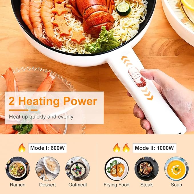 Electric Hot Pot Portable Travel Cooker Non-Stick Frying Pan with Steamer Long Handle Dual Power Control for Travel Dorm Home RV