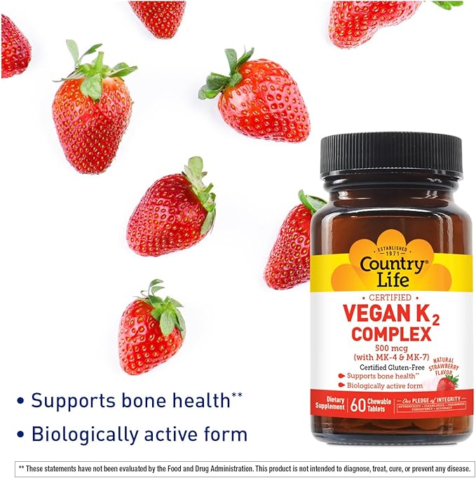 Country Life® Vegan K2-500 mcg, 60 Ct. Chewable Tablets. Strawberry Flavor - Certified Gluten Free - Certified Vegan by AVA – to Support Bone Health