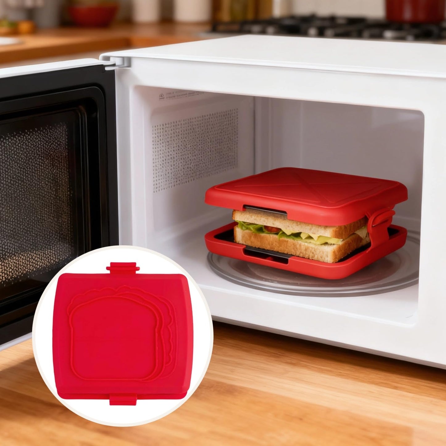 Microwave Toastie Sandwich Maker, Quick Grill Pan with Metal Tray, Non-Stick Silicone, Compact Size 6.6 x 6.3 x 1.2 in, Easy to Clean, No Preheating Required, Red